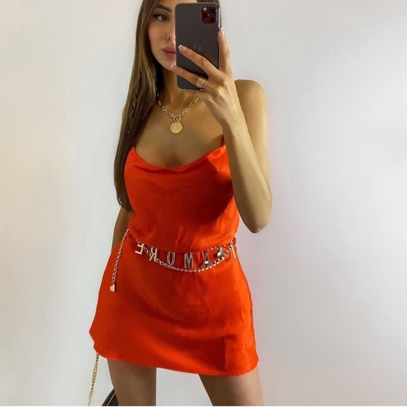 ZARA Orange Draped Neck Cross Back Slip Dress Medium - Picture 8 of 10